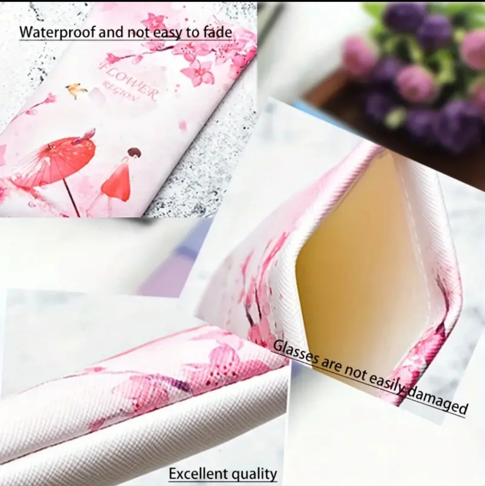 Colorful Design Glasses Pouch Soft Eyewear Sleeve PU Leather, Flower Pink